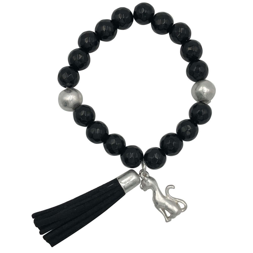 Cat Charm Black Onyx Beaded Tassel Stretch Bracelet